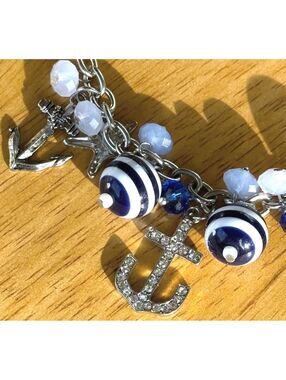 NWT Pier One Nautical Charm Anchor Blue White Beads Necklace and Bracelet Set